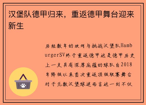 汉堡队德甲归来，重返德甲舞台迎来新生