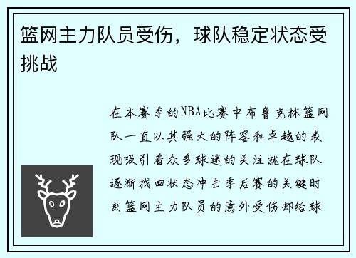 篮网主力队员受伤，球队稳定状态受挑战